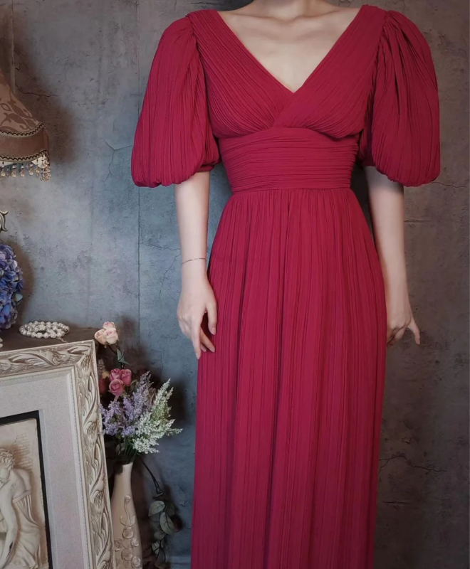 Elegant Rose Pink V-Neck Puff Sleeve Pleated Long Prom Dress Evening Dress