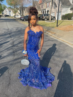 Elegant Royal Blue Sequin Beaded Appliques Mermaid Prom Dress Evening Dress