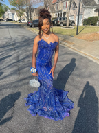 Elegant Royal Blue Sequin Beaded Appliques Mermaid Prom Dress Evening Dress