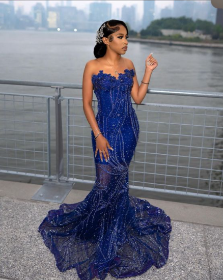 Elegant Royal Blue Sequin Beaded Appliques Mermaid Prom Dress Evening Dress Main image