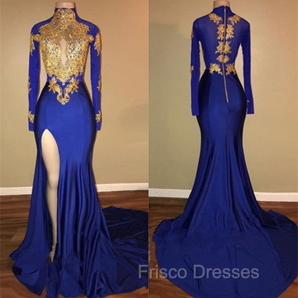 Elegant Royal Blue Formal Prom Party GownsMermaid Long Sleeves With Appliques