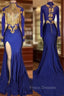 Elegant Royal Blue Formal Prom Party GownsMermaid Long Sleeves With Appliques