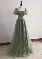 Elegant Sage Green A-Line Square Neck Short Sleeve Tulle Long Prom Dress Evening Dress