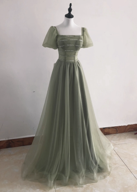 Elegant Sage Green A-Line Square Neck Short Sleeve Tulle Long Prom Dress Evening Dress