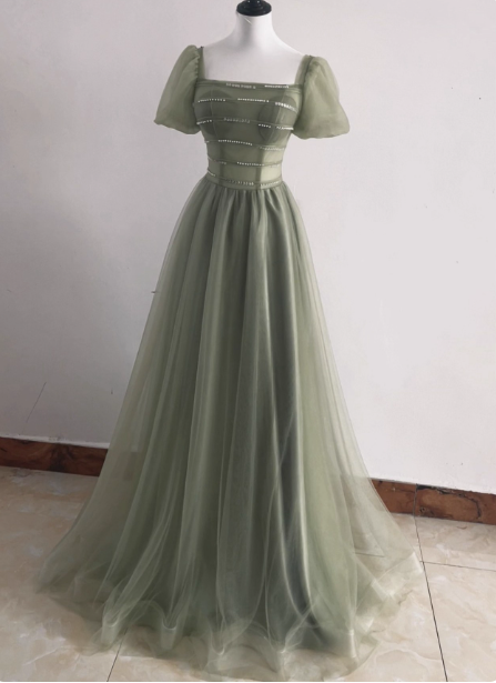 Elegant Sage Green A-Line Square Neck Short Sleeve Tulle Long Prom Dress Evening Dress