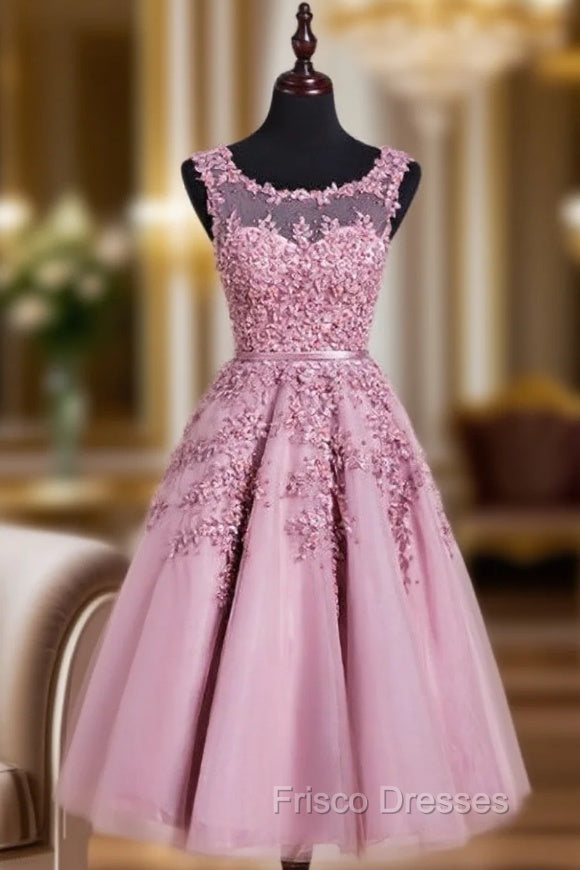 Elegant Scoop Tea Length School Homecoming Dress Appliques Main image