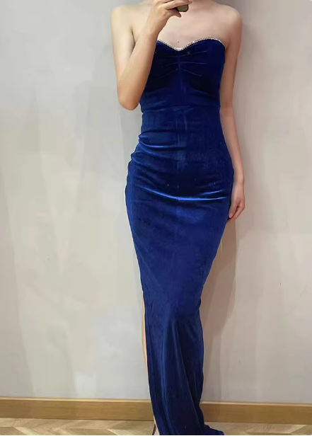 Elegant Sexy Royal Blue Sweetheart Neck Velvet Long Prom Dress Evening Dress Main image