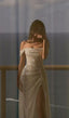 Elegant Sheath Off The Shoulder White Slit Sequin Prom Dresses Long Evening Dress