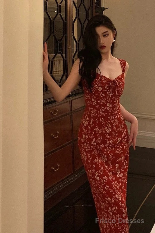 Elegant Sheath Spaghetti Straps Red Floral Prom Dresses Birthday Outfits Evening Gown Secondary image