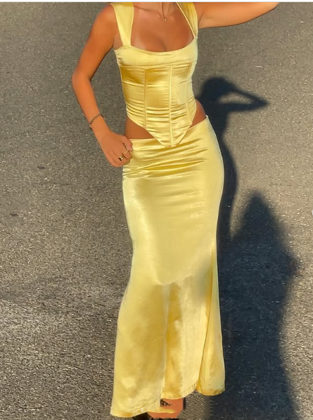 Elegant Sheath Square Neckline 2 Pieces Floor-Length Satin Long Yellow Evening Dress Prom Dresses Secondary image