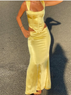 Elegant Sheath Square Neckline 2 Pieces Floor-Length Satin Long Yellow Evening Dress Prom Dresses