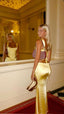 Elegant Sheath Square Neckline 2 Pieces Floor-Length Satin Long Yellow Evening Dress Prom Dresses