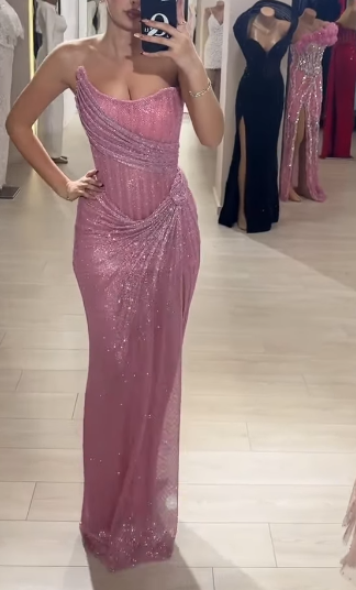 Elegant Sheath Strapless Pink Sequin Slit Long Prom Dresses Party Dress 22Th Birthday Outfits Graduation Dresses Secondary image