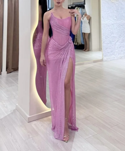 Elegant Sheath Strapless Pink Sequin Slit Long Prom Dresses Party Dress 22Th Birthday Outfits Graduation Dresses