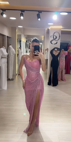 Elegant Sheath Strapless Pink Sequin Slit Long Prom Dresses Party Dress 22Th Birthday Outfits Graduation Dresses