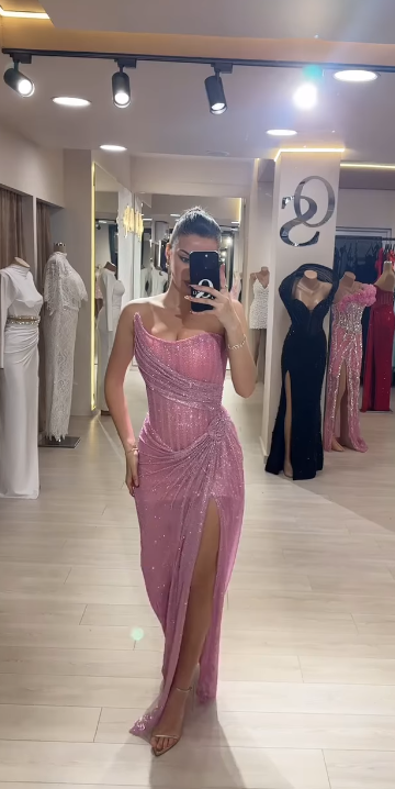 Elegant Sheath Strapless Pink Sequin Slit Long Prom Dresses Party Dress 22Th Birthday Outfits Graduation Dresses