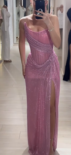 Elegant Sheath Strapless Pink Sequin Slit Long Prom Dresses Party Dress 22Th Birthday Outfits Graduation Dresses
