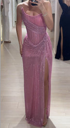 Elegant Sheath Strapless Pink Sequin Slit Long Prom Dresses Party Dress 22Th Birthday Outfits Graduation Dresses
