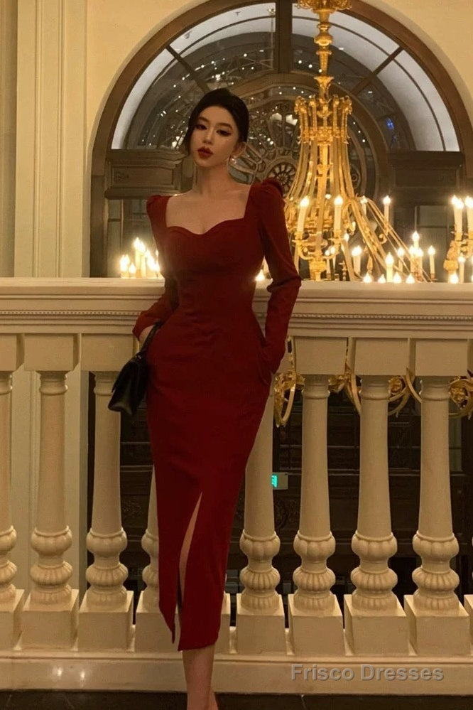 Elegant Sheath Strapless Red Slit Prom Dresses Beads Birthday Outfits Evening Gown Main image