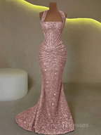 Elegant Sheath Straps Pleated Sweep Train Corset Prom Dress