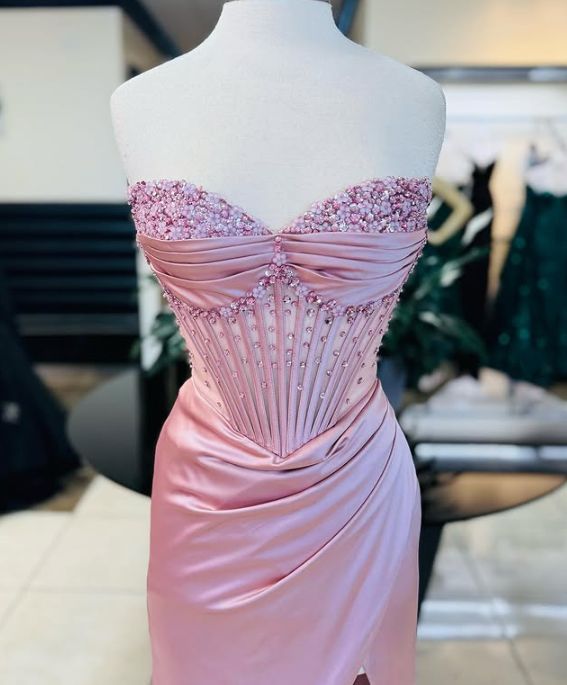 Elegant Sheath Sweetheart Sequin Pink Satin Slit Prom Dresses Evening Dress