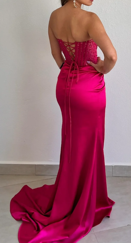 Elegant Sheath Sweetheart Sequin Pink Satin Slit Prom Dresses Evening Dress