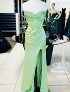 Elegant Sheath Sweetheart Sequin Pink Satin Slit Prom Dresses Evening Dress
