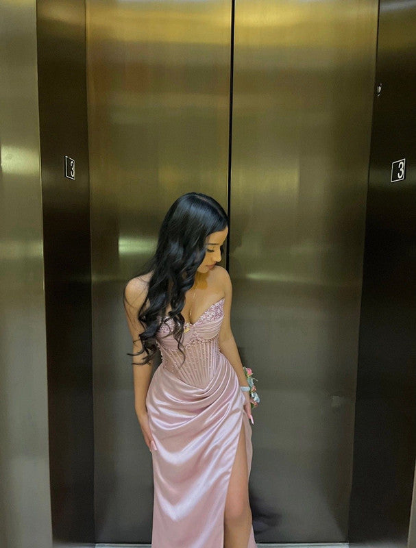 Elegant Sheath Sweetheart Sequin Pink Satin Slit Prom Dresses Evening Dress Main image