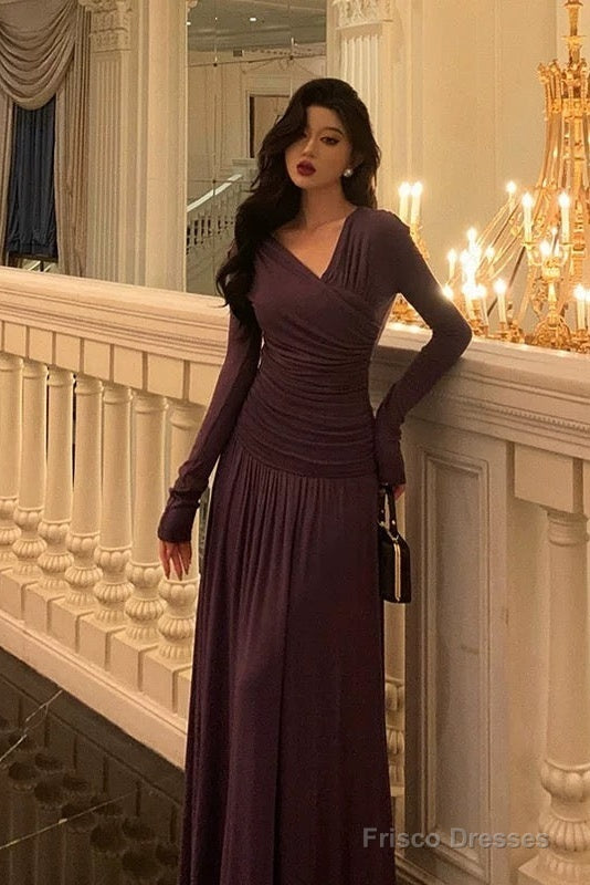 Elegant Sheath V Neckline Grape Long Prom Dresses Birthday Outfits Evening Gown Secondary image