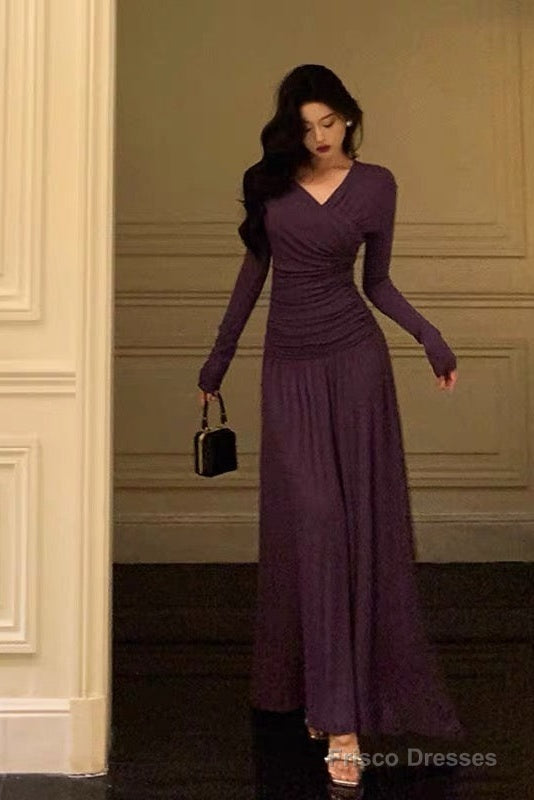 Elegant Sheath V Neckline Grape Long Prom Dresses Birthday Outfits Evening Gown Main image