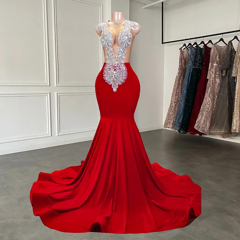 Elegant Sheer Scoop Neckline Luxury Sparkly Silver Handmade Diamond Red Spandex Black Girl Mermaid Long Prom Dresses Secondary image