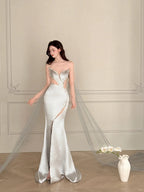 Elegant Silver-Grey Mermaid Strapless Satin Long Prom Dress Evening Dress