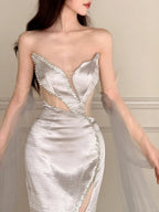 Elegant Silver-Grey Mermaid Strapless Satin Long Prom Dress Evening Dress