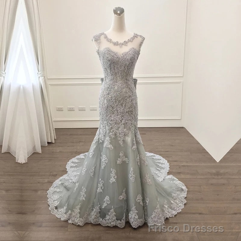 Elegant Silver Lace Bow Back Mermaid Evening Gown Dresses Main image