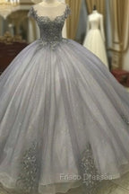 Elegant Silver Tulle Ball Gowns Formal Prom Dress Lace Appliques