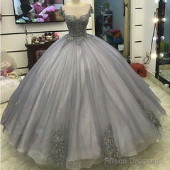 Elegant Silver Tulle Ball Gowns Prom Dresses Lace Appliques
