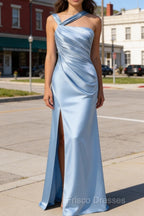 Elegant Sky Blue Sheath Pleated Satin Long Bridesmaid Dress With Slit