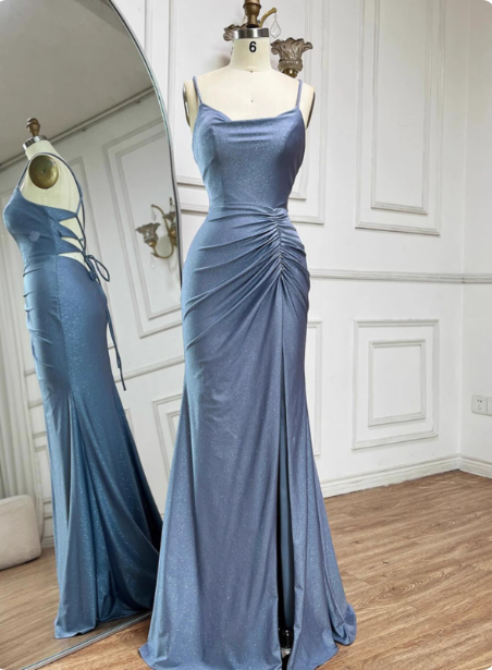 Elegant Slate Blue Spaghetti Strap Mermaid Ruched Slit Satin Long Prom Dress Evening Dress