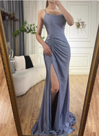 Elegant Slate Blue Spaghetti Strap Mermaid Ruched Slit Satin Long Prom Dress Evening Dress