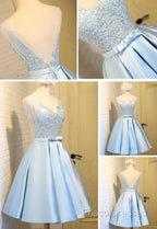 Elegant Sleeveless Deep V Back Appliques Clairvoyant Outfit Satin Skirt Tea Length Homecoming Dress
