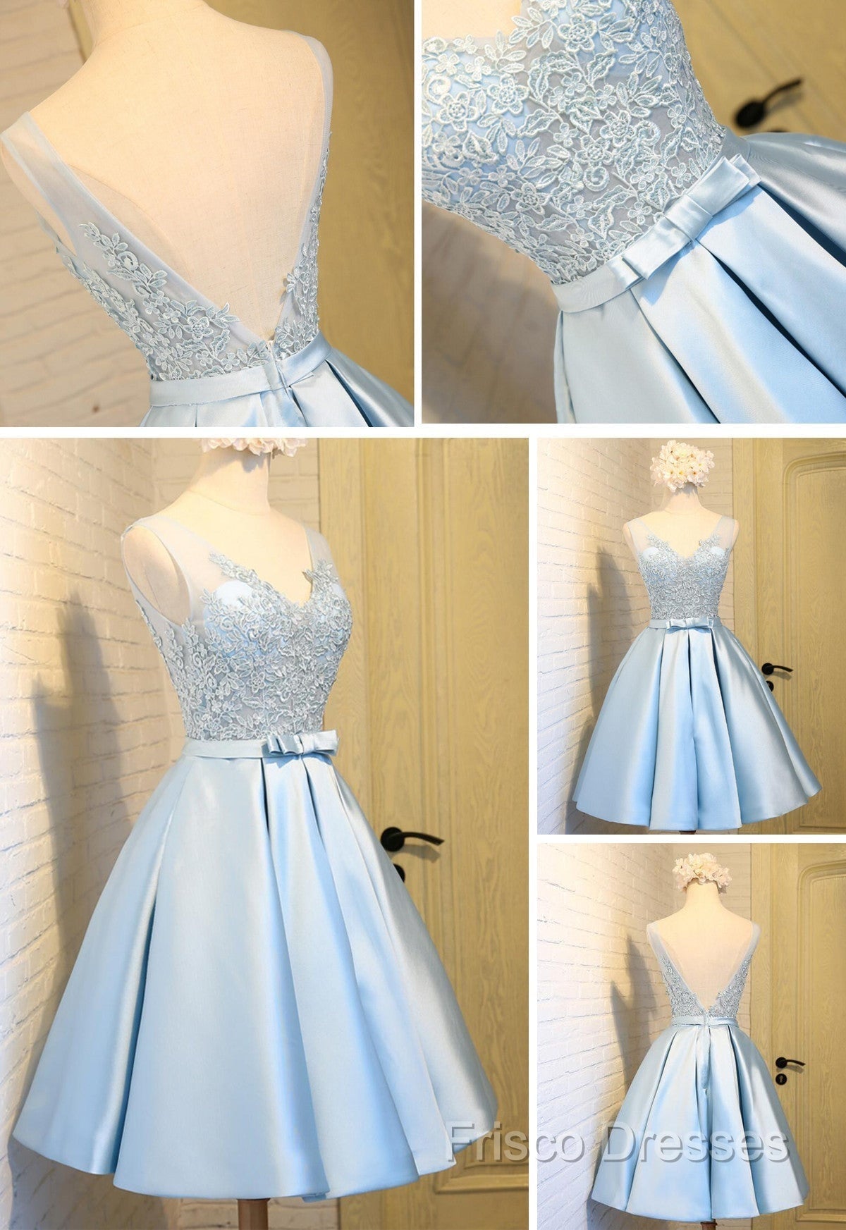 Elegant Sleeveless Deep V Back Appliques Clairvoyant Outfit Satin Skirt Tea Length Homecoming Dress