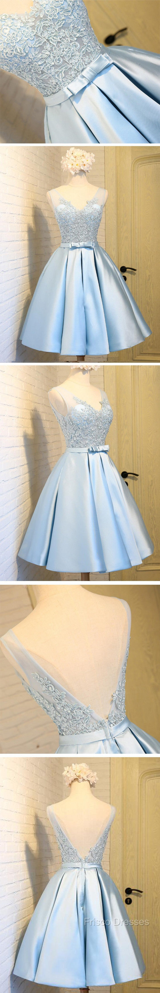 Elegant Sleeveless Deep V Back Appliques Clairvoyant Outfit Satin Skirt Tea Length Homecoming Dress