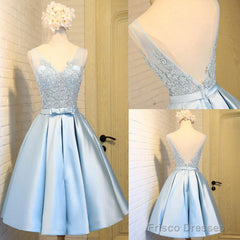 Elegant Sleeveless  Deep V Back  Appliques Clairvoyant Outfit Satin Skirt Tea Length Homecoming Dress