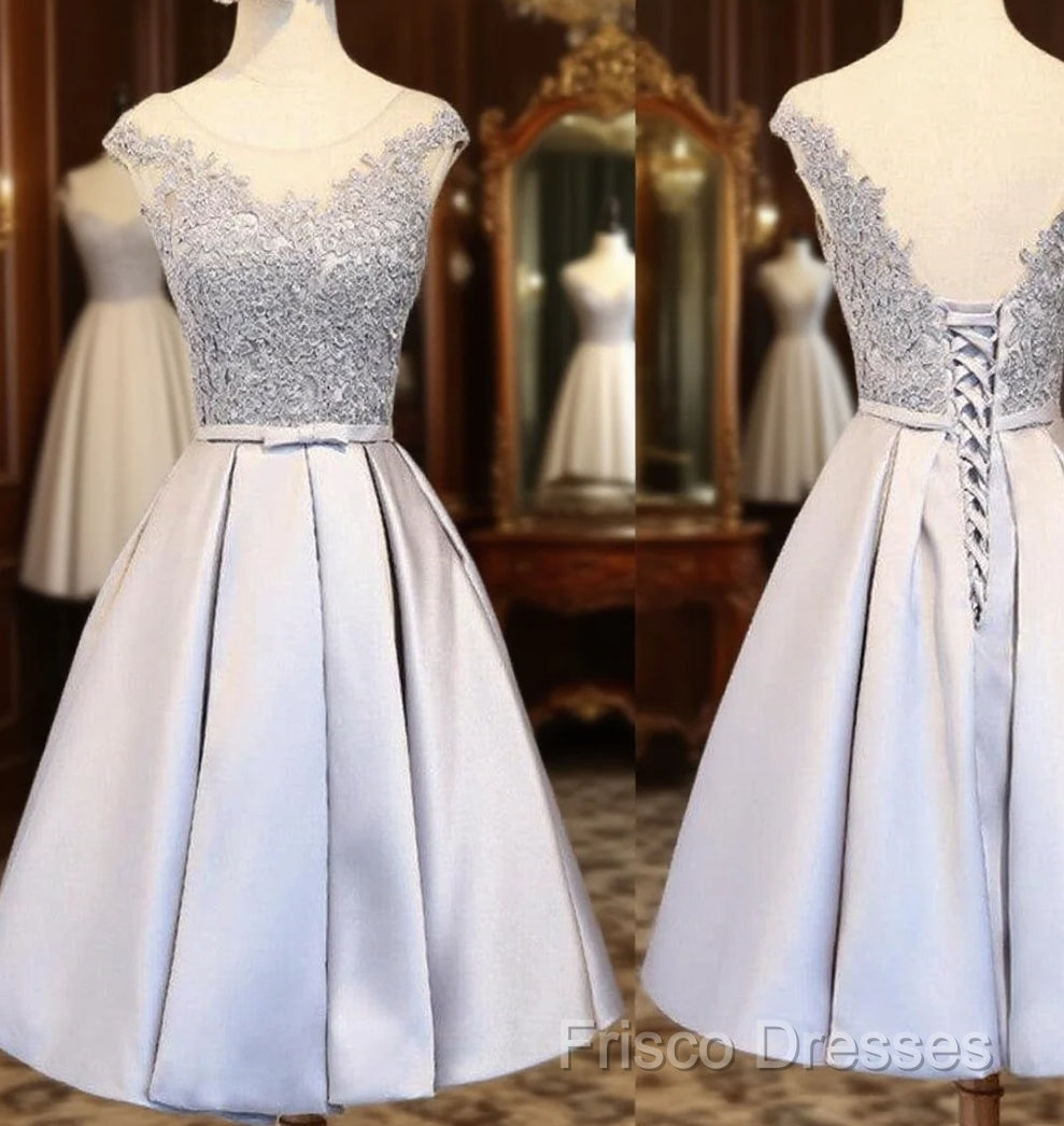 Elegant Sleeveless Lace Up Back Appliques Clairvoyant Outfit Satin Skirt Tea Length Homecoming Dress Main image