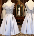Elegant Sleeveless Lace Up Back Appliques Clairvoyant Outfit Satin Skirt Tea Length Homecoming Dress