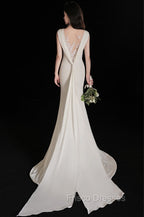 Elegant Sleeveless Mermaid Satin Simple Train Dress Wedding Dress With Lace Open Back