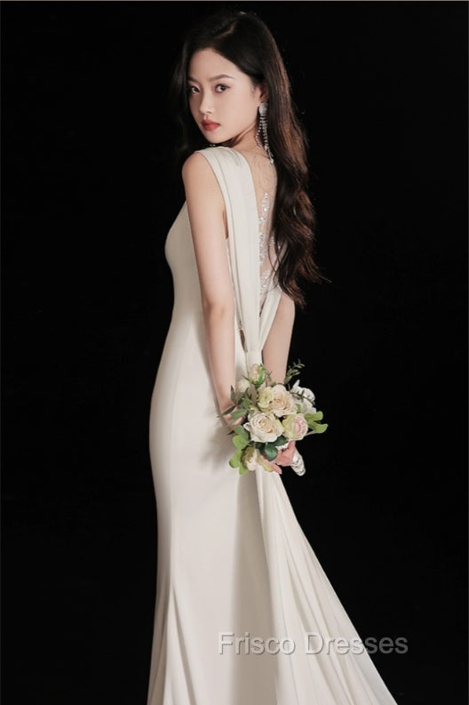 Elegant Sleeveless Mermaid Satin Simple Train Dress Wedding Dress With Lace Open Back