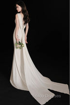 Elegant Sleeveless Mermaid Satin Simple Train Dress Wedding Dress With Lace Open Back