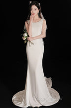 Elegant Sleeveless Mermaid Satin Simple Train Dress Wedding Dress With Lace Open Back
