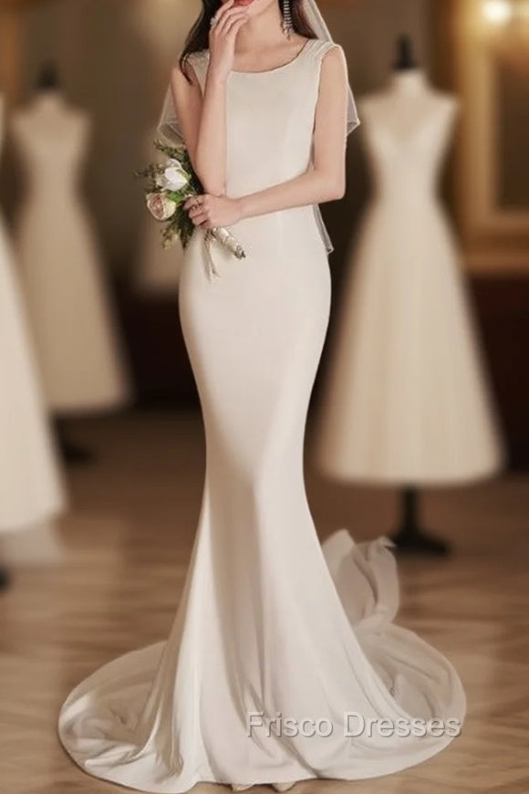 Elegant Sleeveless Mermaid Satin Simple Train Dress Wedding Dress With Lace Open Back